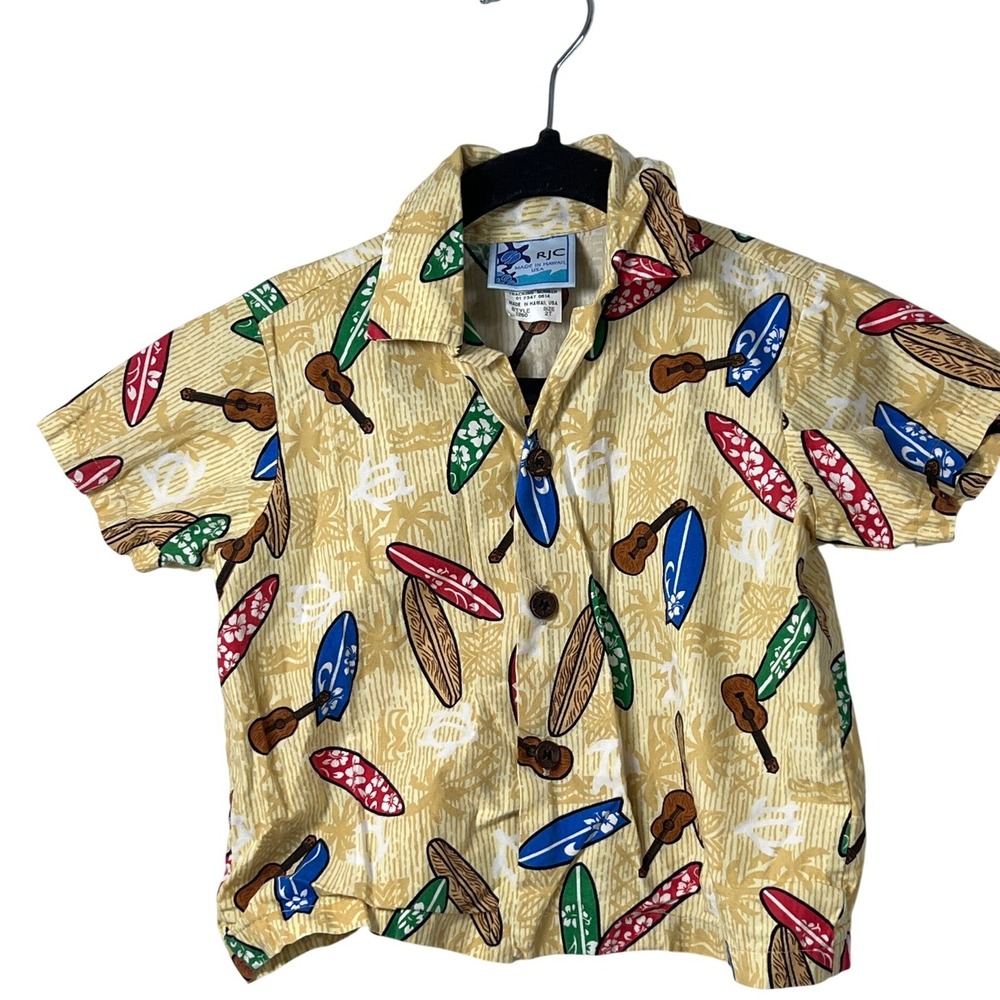 RJC Kids Yellow Button Up Shirt Hawaii Surf Boards Funky Vacation Boys 2T Beach